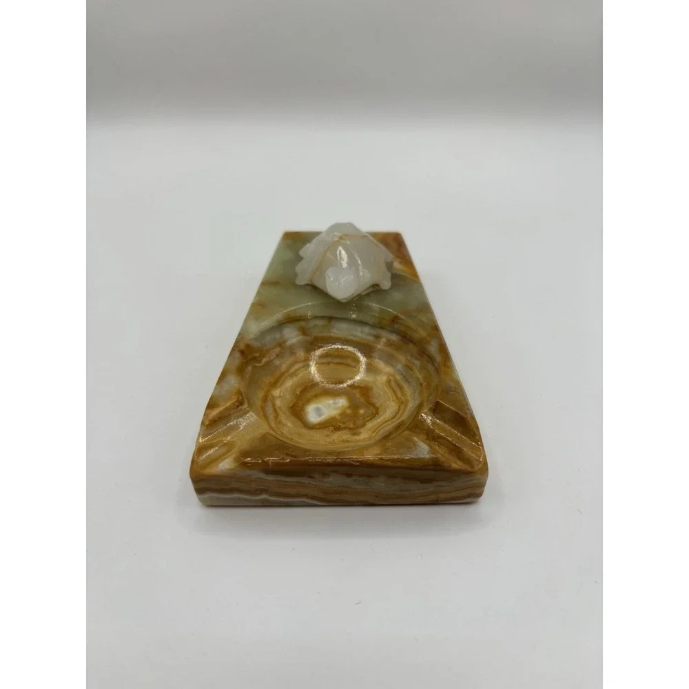 Vintage Carved Onyx Marble Stone Ashtray Natural Stone Tobacco Decor With Turtle